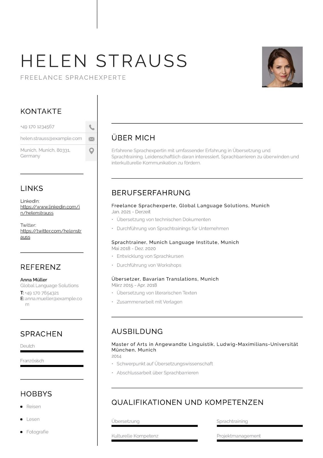 Freelance Language Specialist Resume Example (German Format)