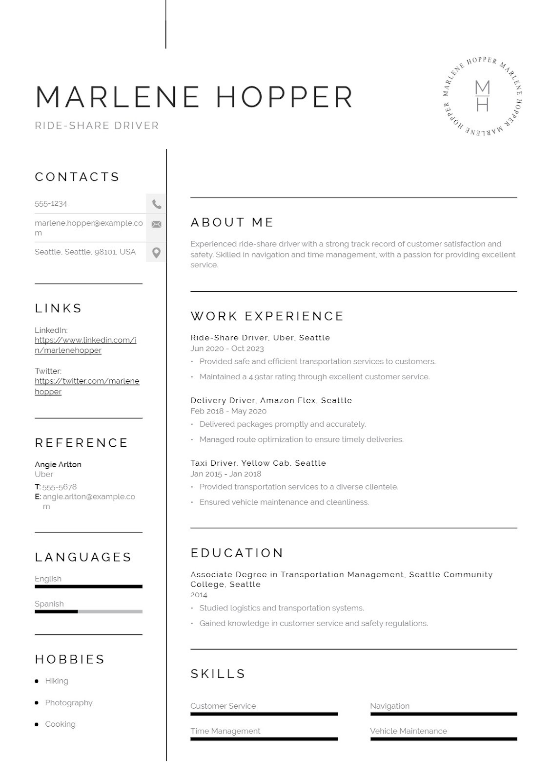 Ride-Share Driver Resume for App-Based Services