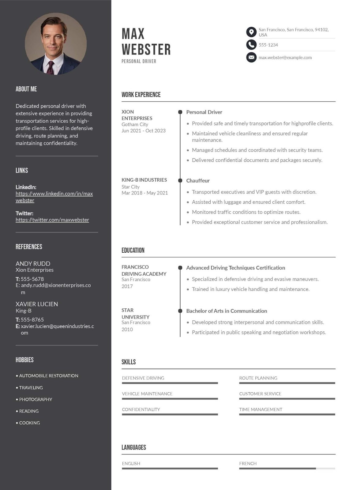 Personal Driver Resume for Private Clients