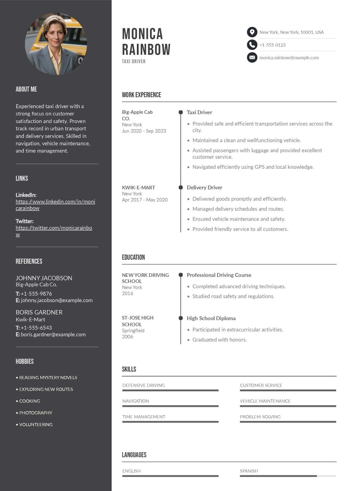 Taxi Driver Resume for Urban Transport