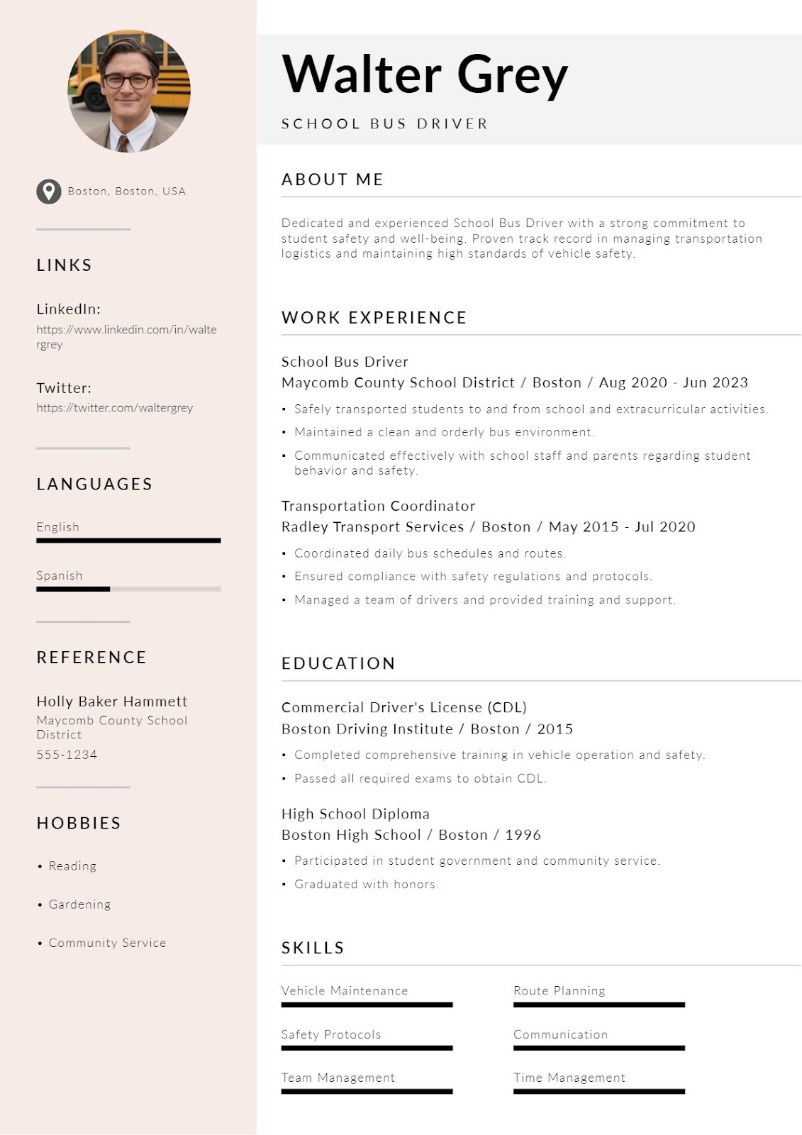 School Bus Driver Resume for Student Transport