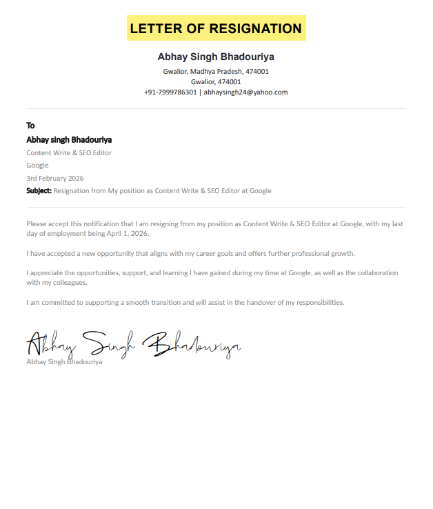 Example of resignation letter generated by AI