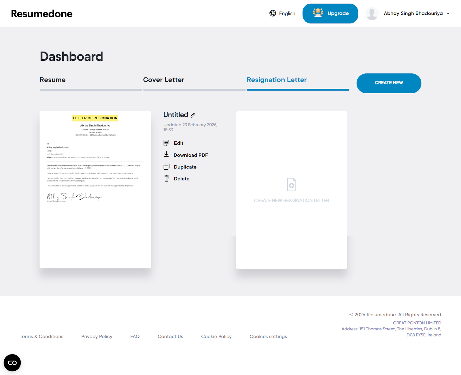 AI resignation letter generator interface