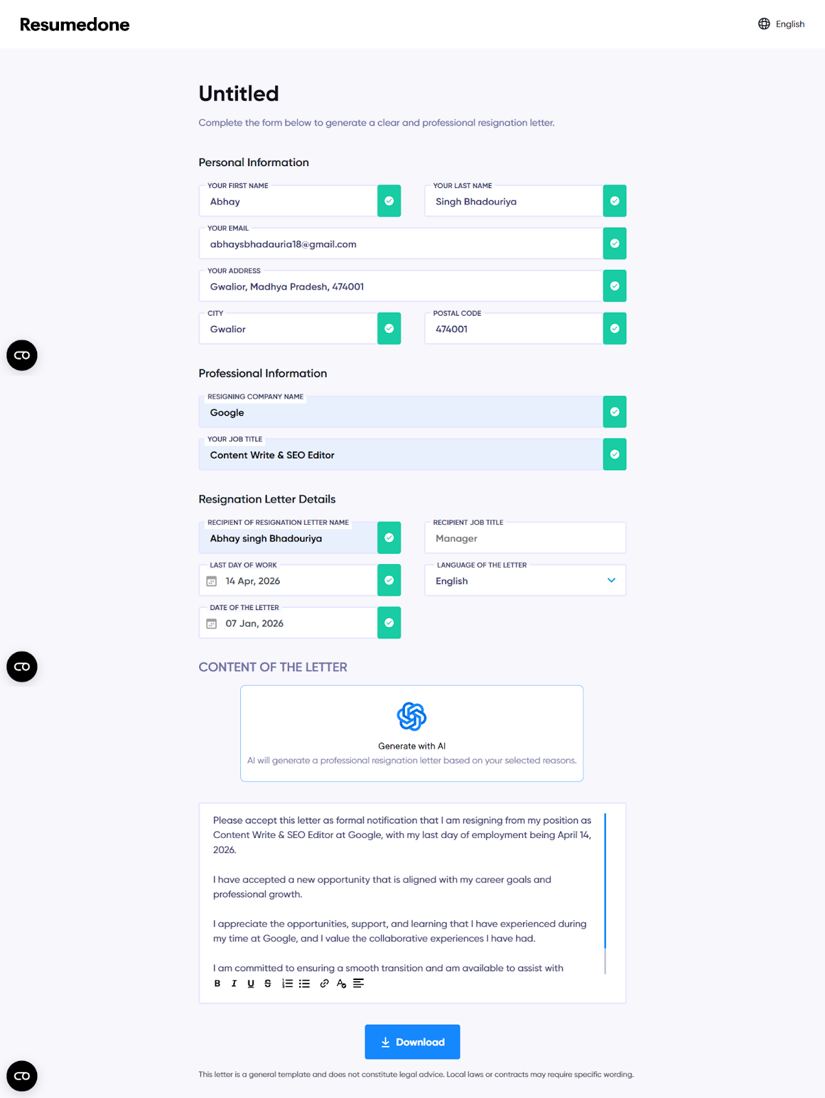 Resignation letter AI form