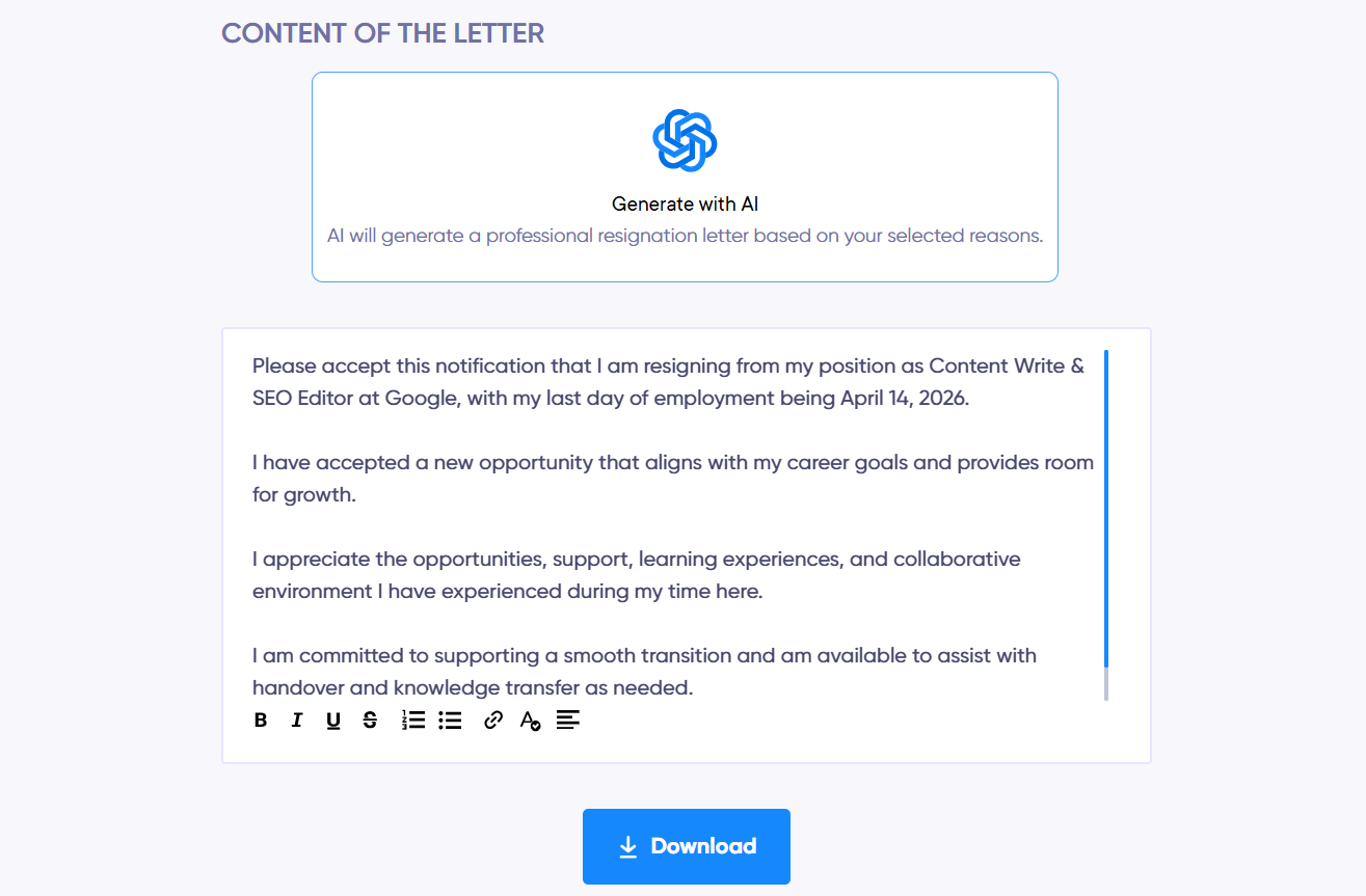 AI-generated resignation letter content preview