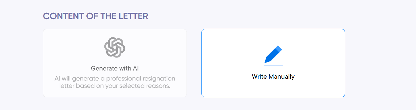 Resignation letter writing mode selection