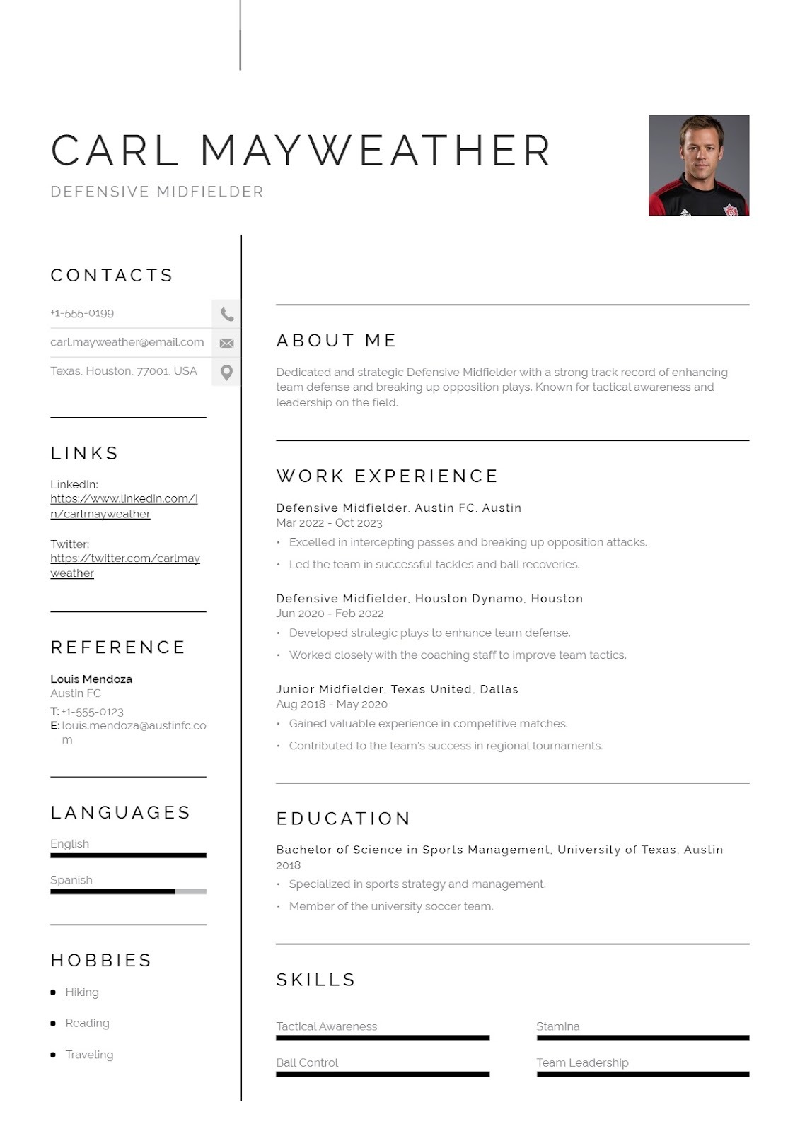 Soccer Defensive Midfielder Resume