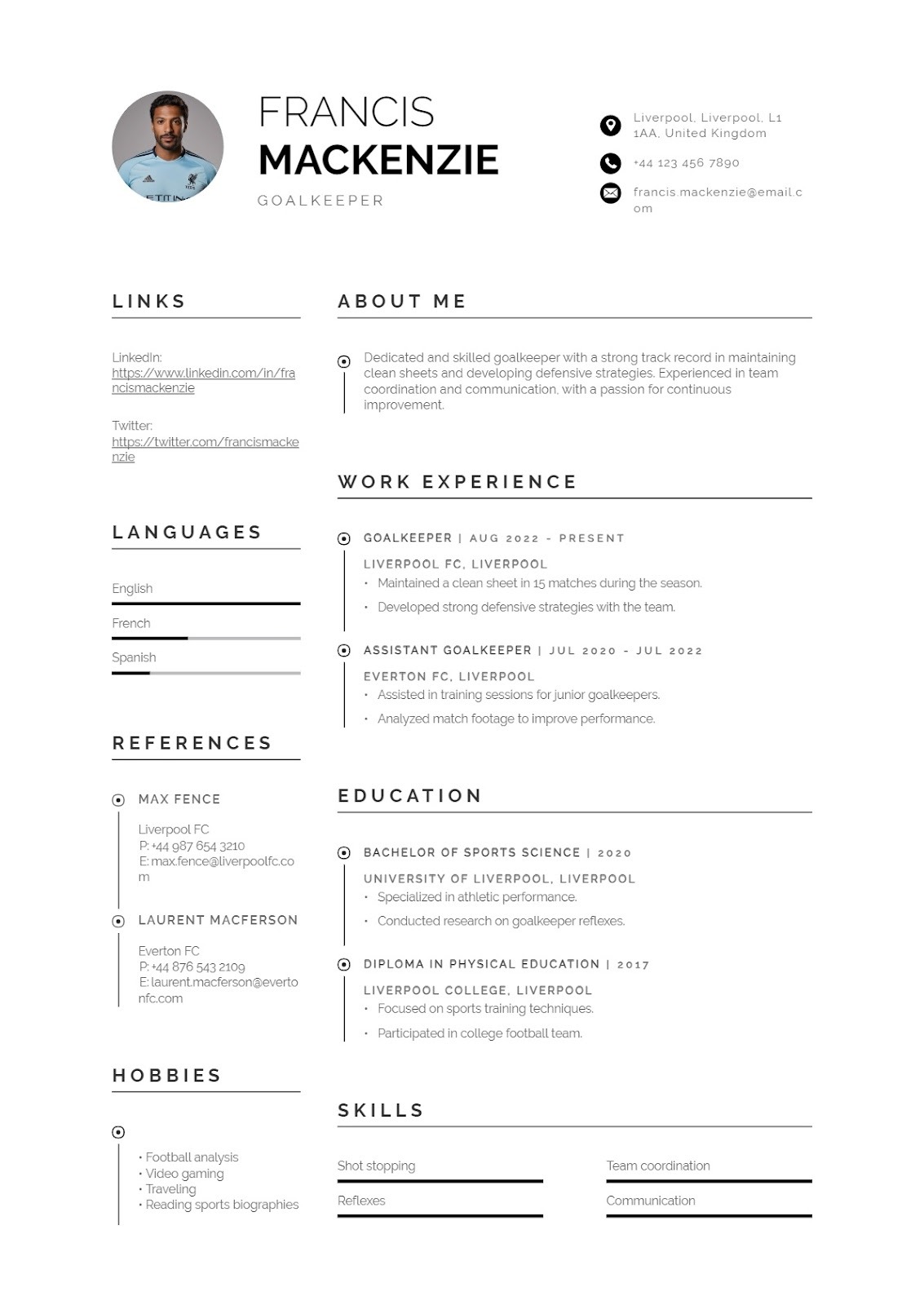 Goalkeeper Resume