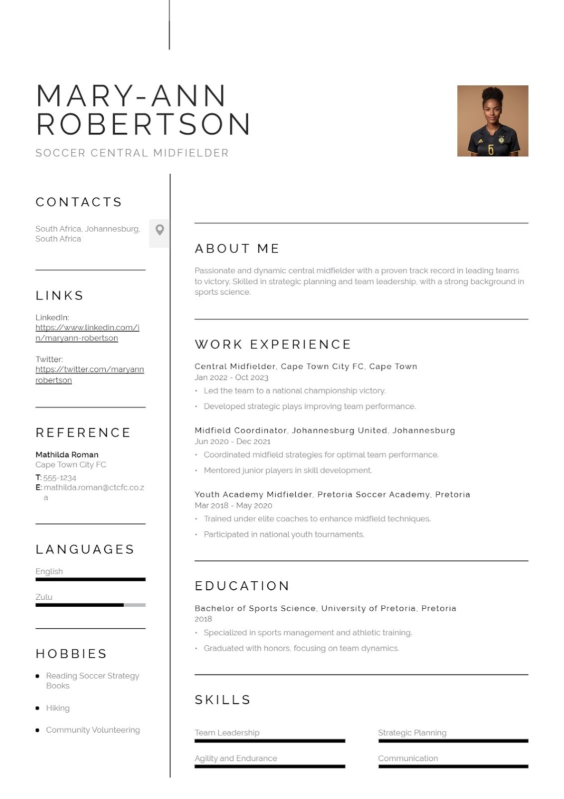 Soccer Central Midfielder Resume