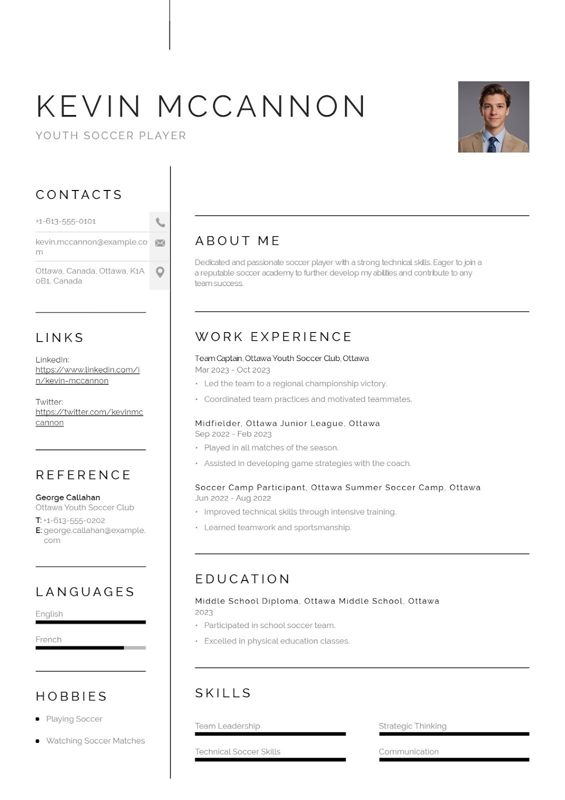 Youth Soccer Player Resume