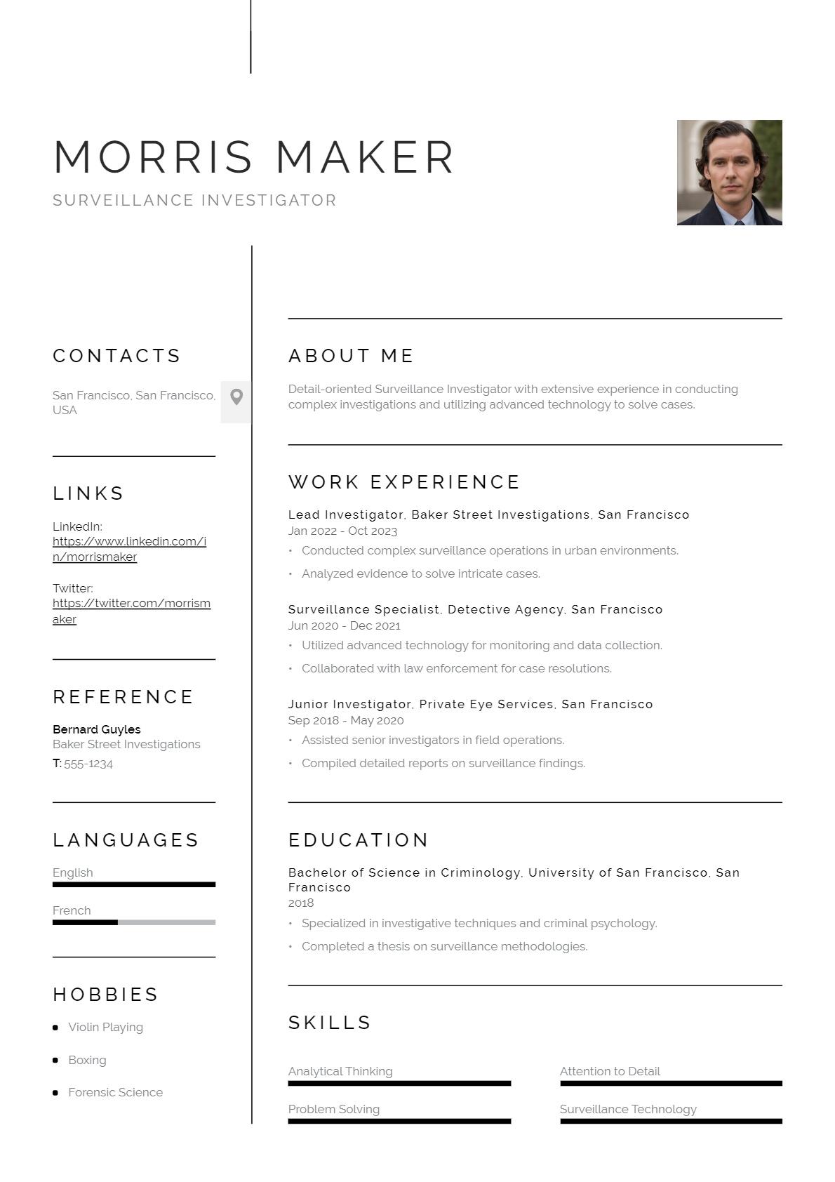 Surveillance Investigator Resume