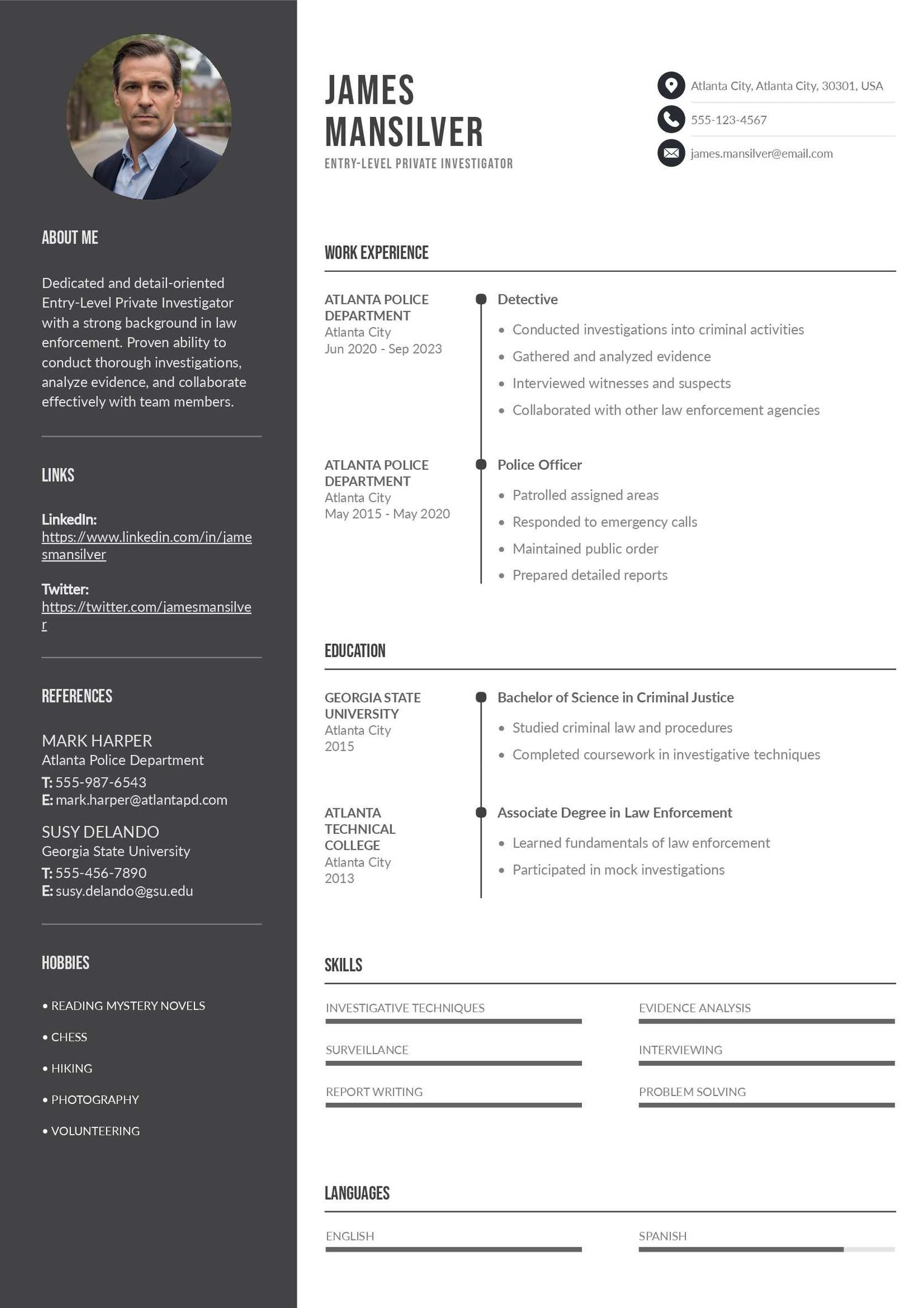 Entry-Level Private Investigator Resume Example