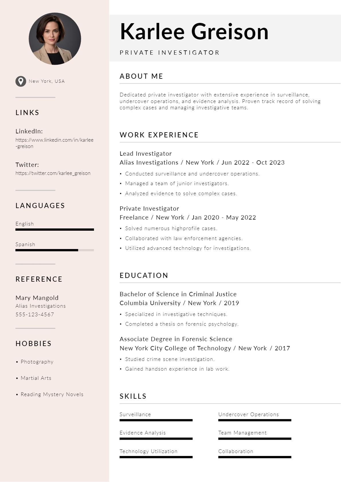 Experienced Private Investigator Resume
