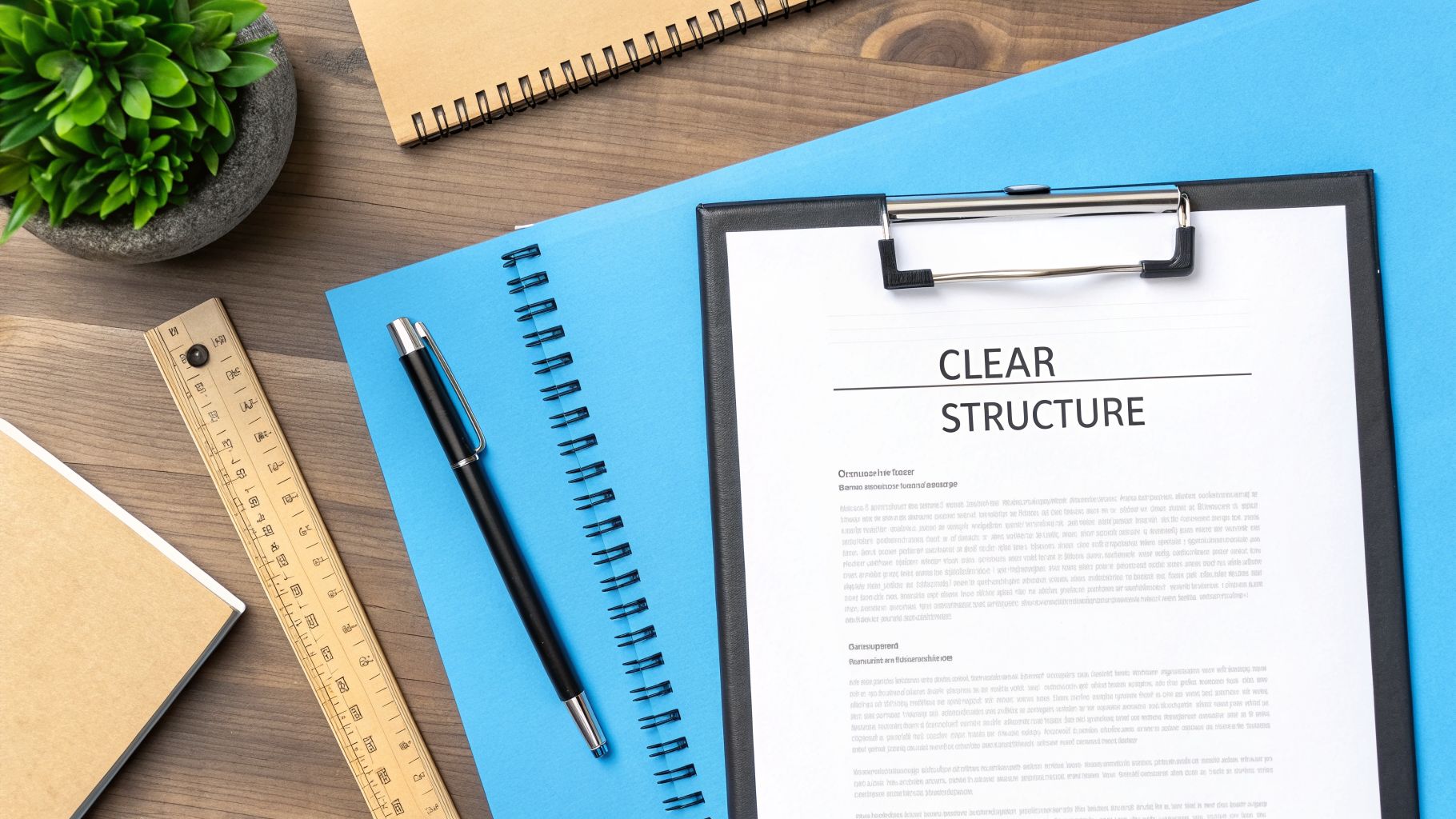 Desk flat lay with a clipboard document titled 'CLEAR STRUCTURE', notebooks, pen, ruler, and plant.