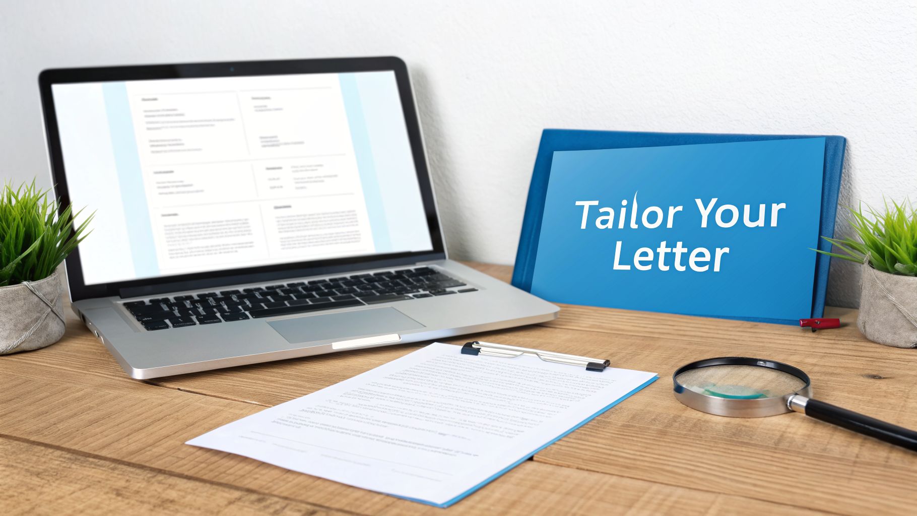 A modern desk with a laptop displaying a resume, a folder 'Tailor Your Letter', and application documents.