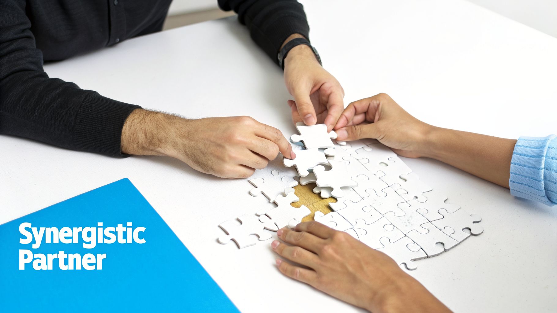 Three pairs of hands collaboratively assemble a white jigsaw puzzle on a table with a 'Synergistic Partner' folder.