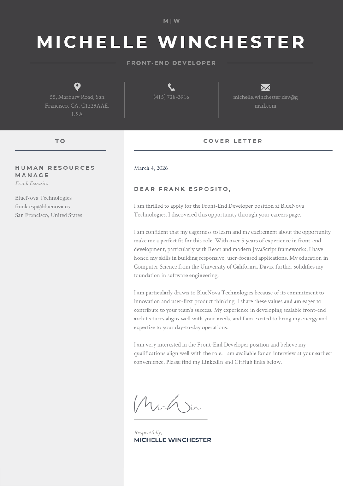 Example of a professionally written AI-generated cover letter.