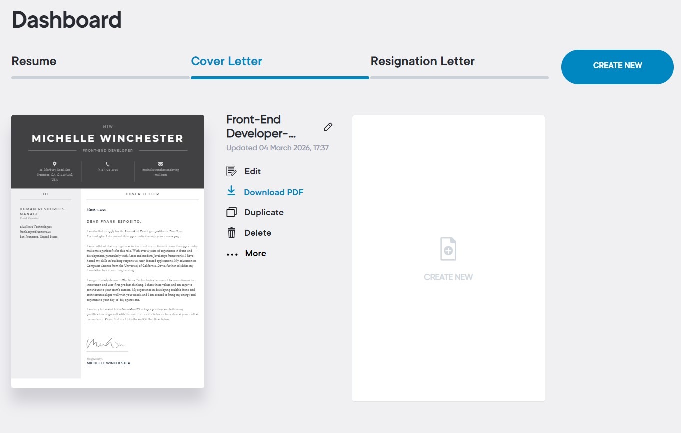 AI cover letter generator interface that creates a personalized cover letter
