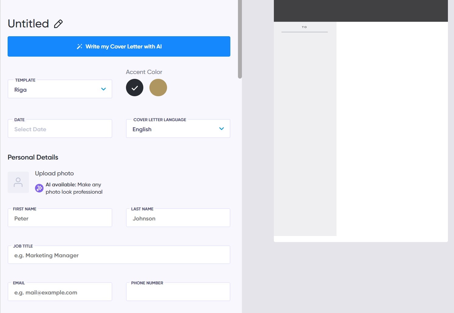 AI cover letter generator starting the writing process