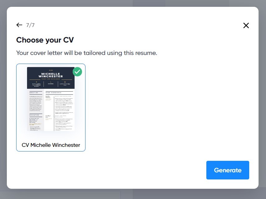 Selecting a CV to generate an AI cover letter
