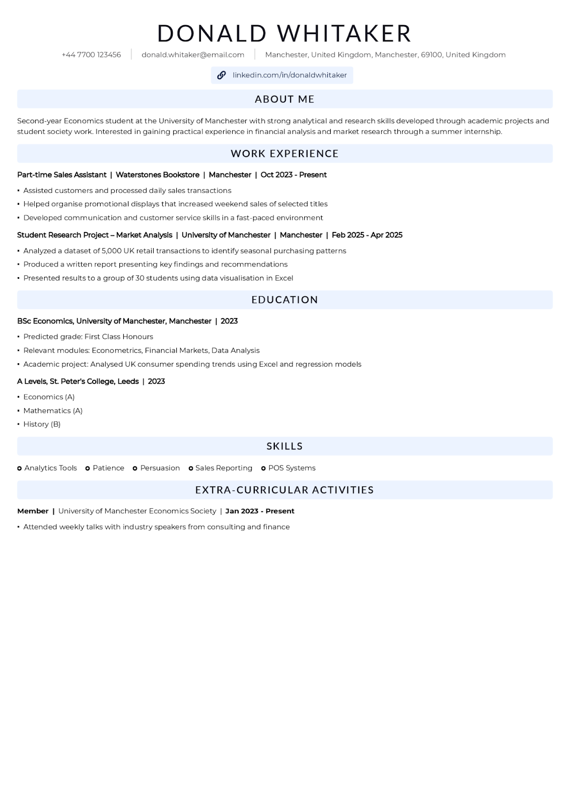 An example of student resume in english for an internship