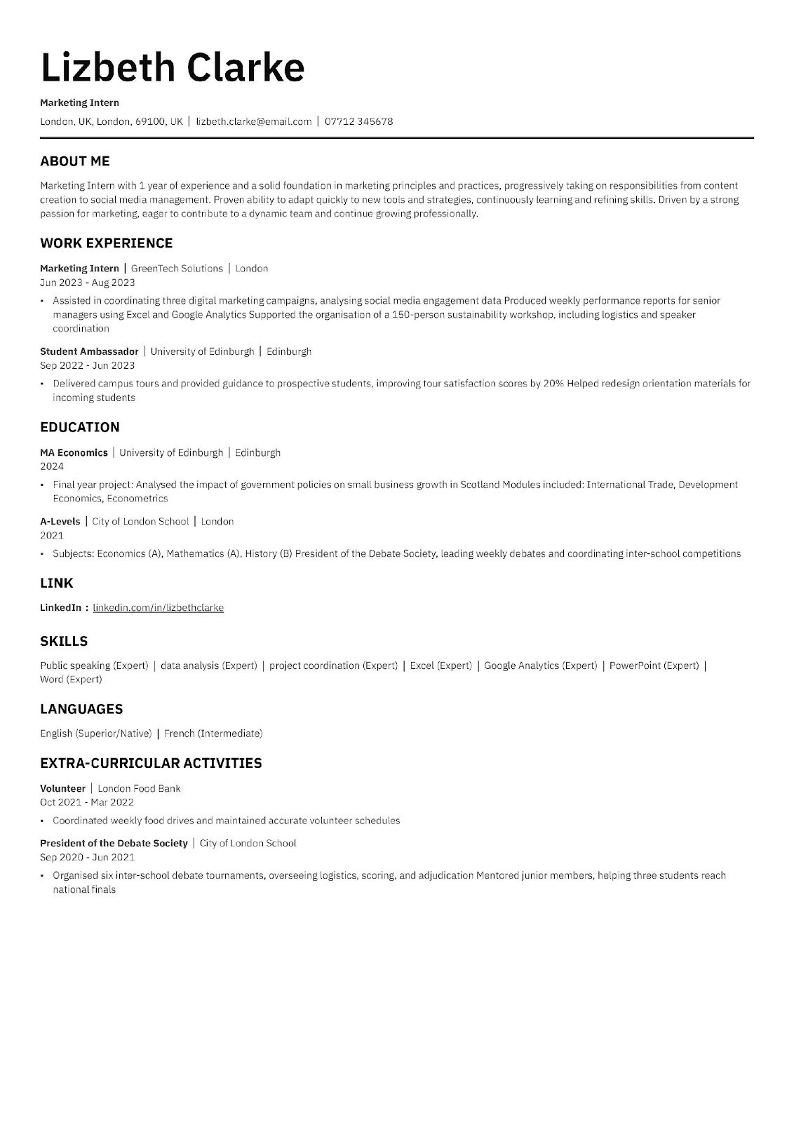 An example of British English CV