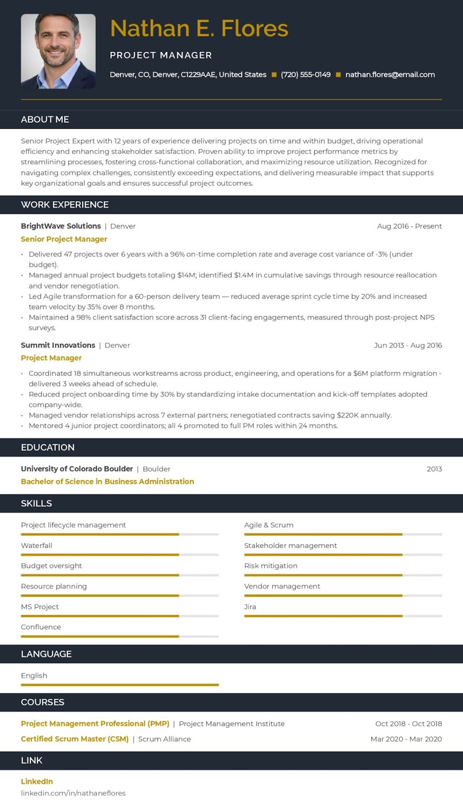 Resume for Project Manager role