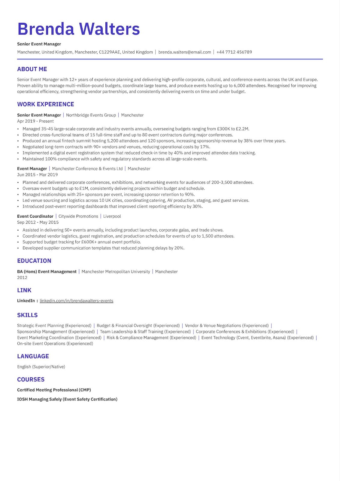 Senior event manager resume example