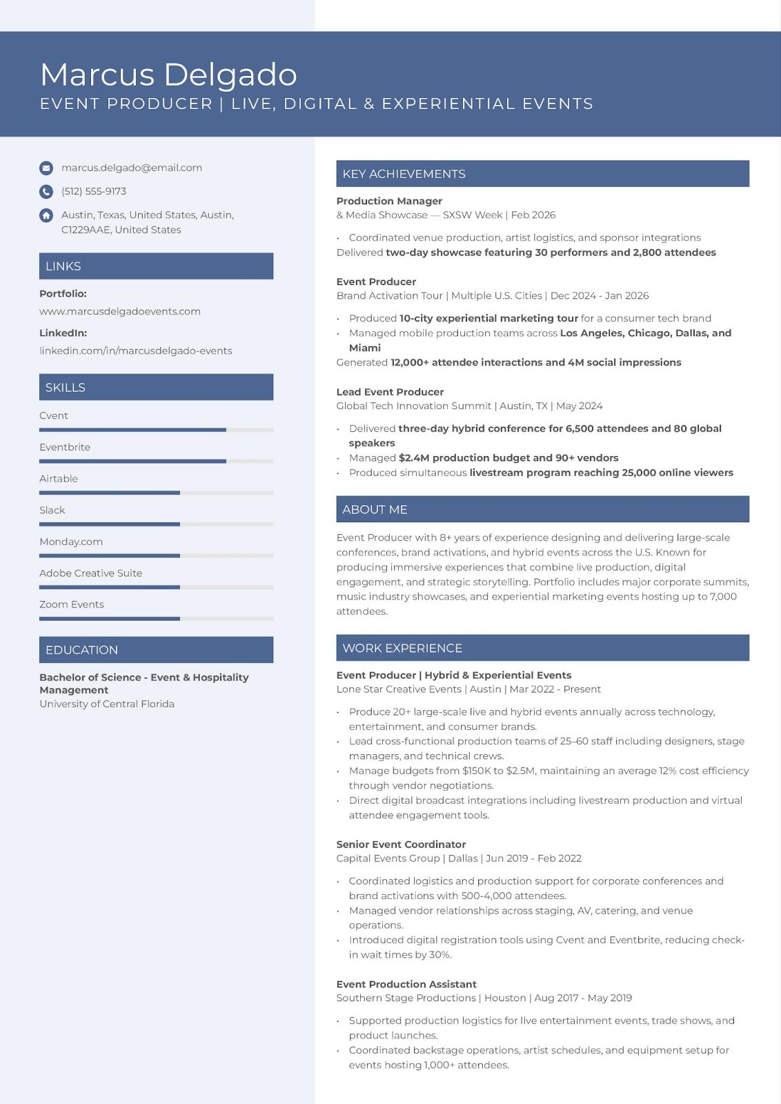 Portfolio-focused event resume example