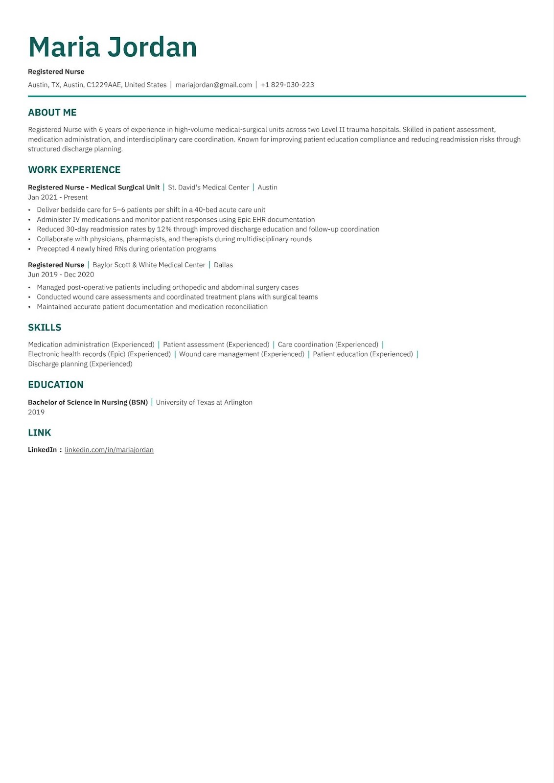 Registered nurse (RN) resume example