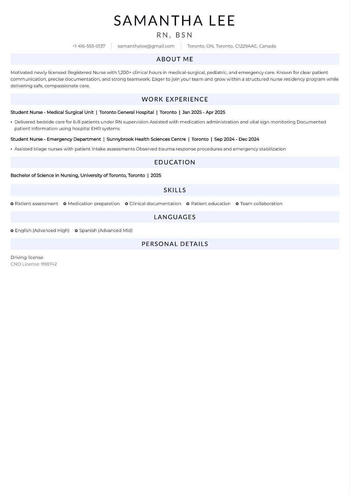 New graduate RN resume example