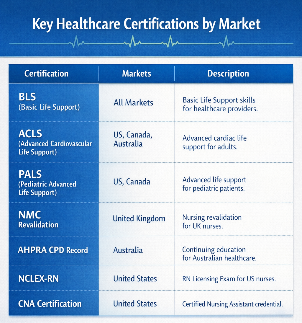 Illustration of healthcare certifications list to include in nurse resumes