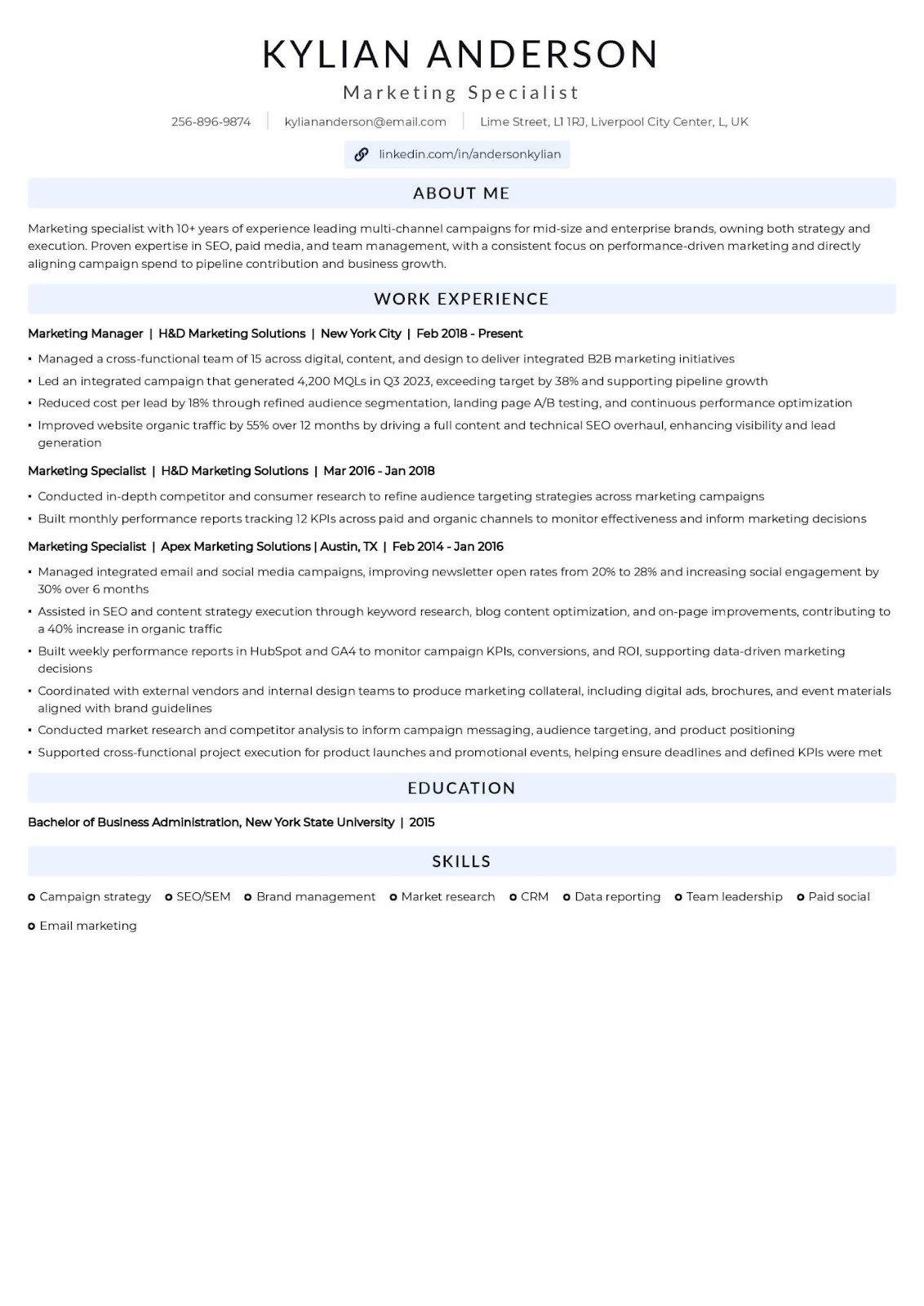 Marketing Manager resume example