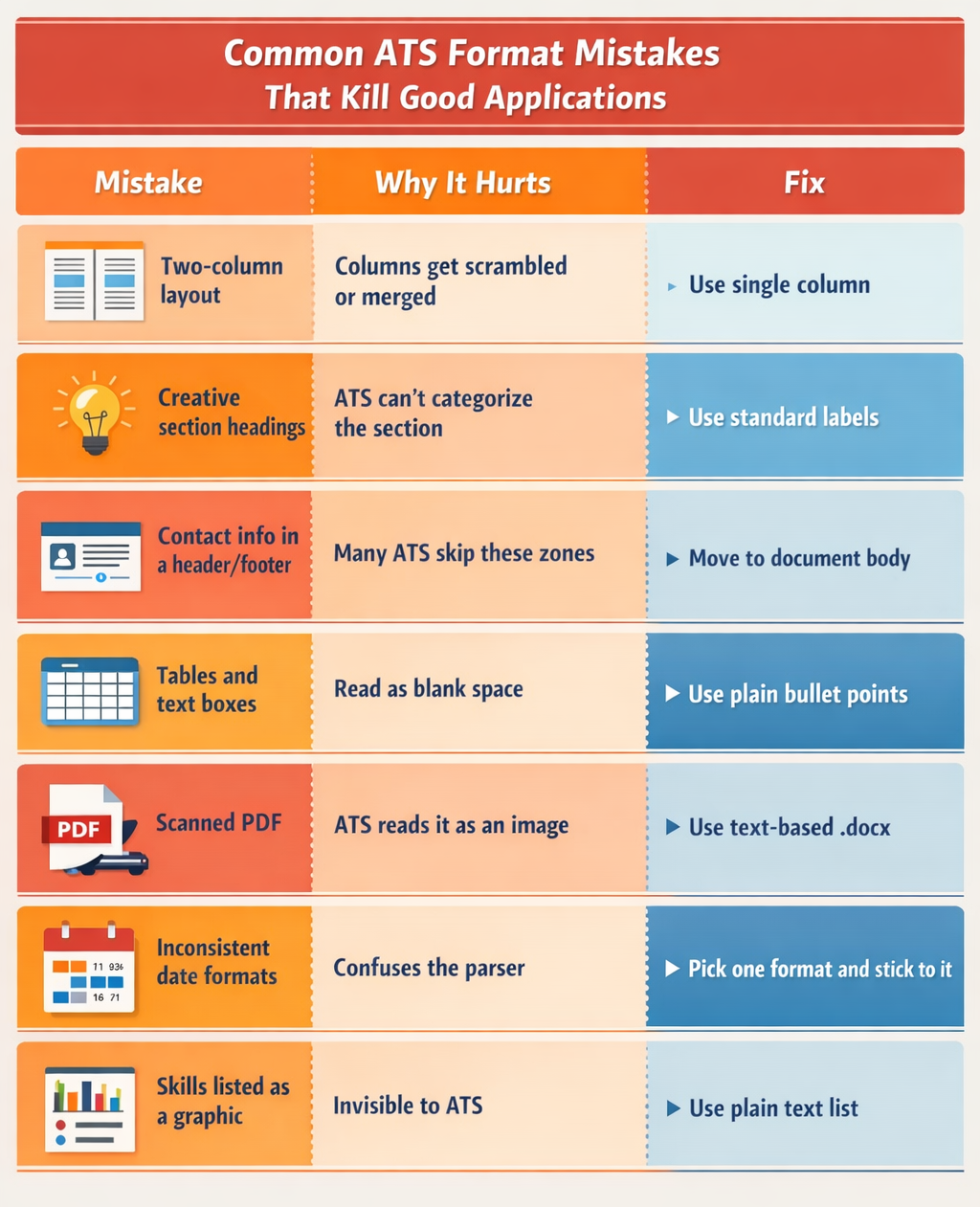 Illustration of list of common mistakes in writing ATS resume