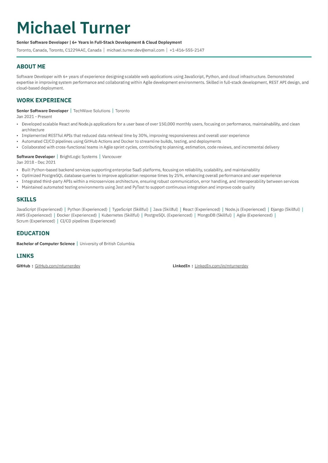 Software Developer ATS-friendly resume example
