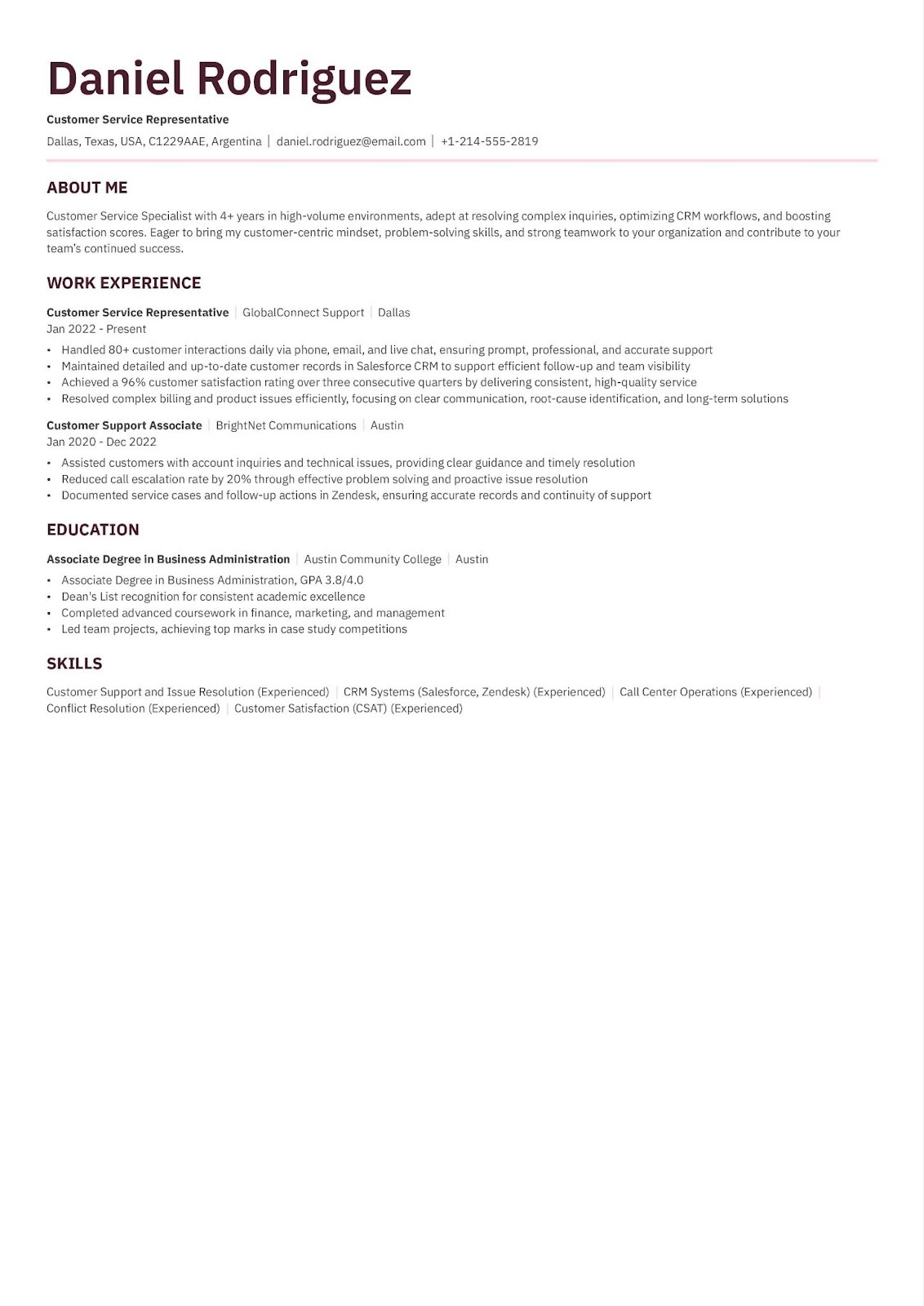 Customer Service ATS resume example