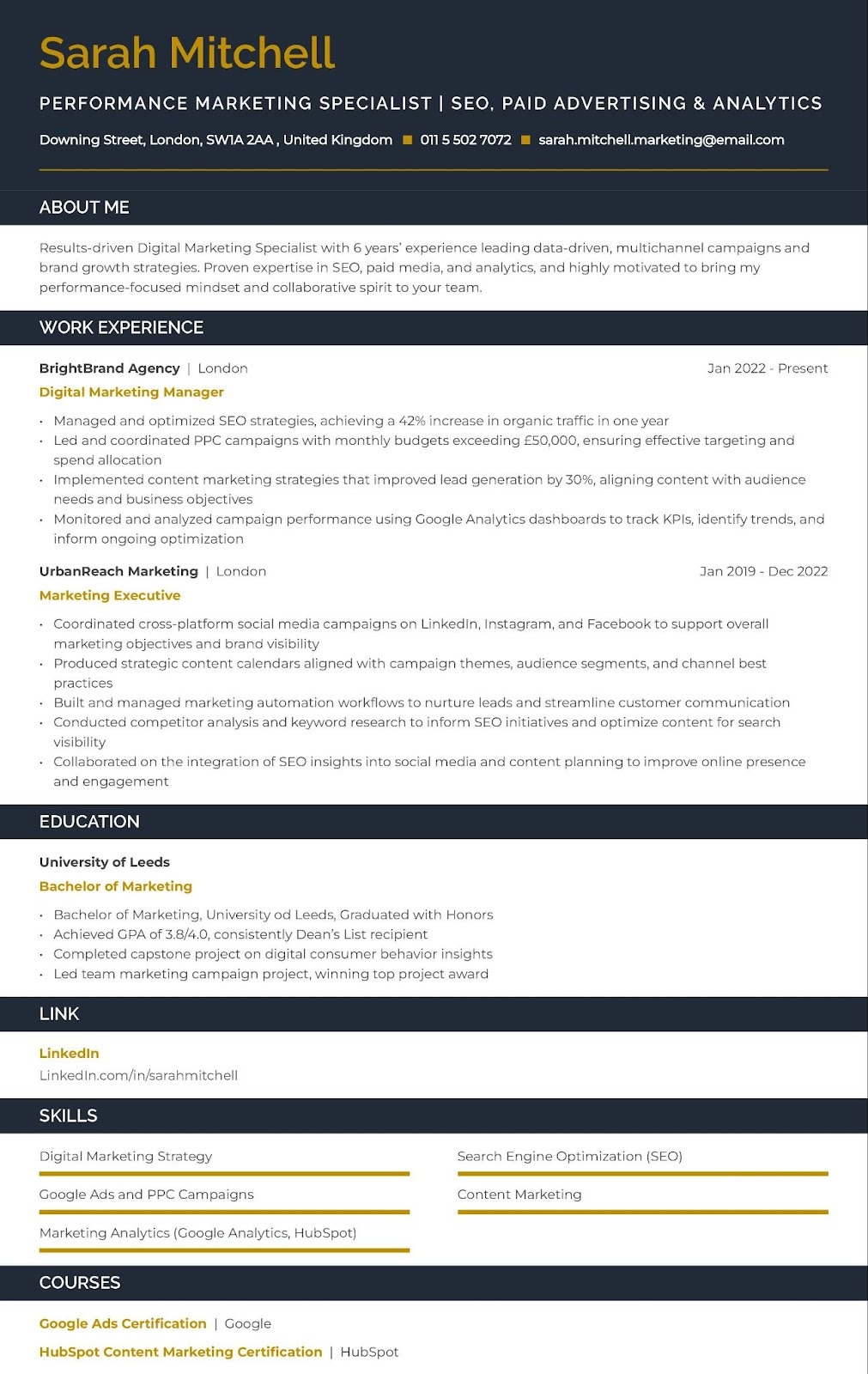 Marketing ATS resume example
