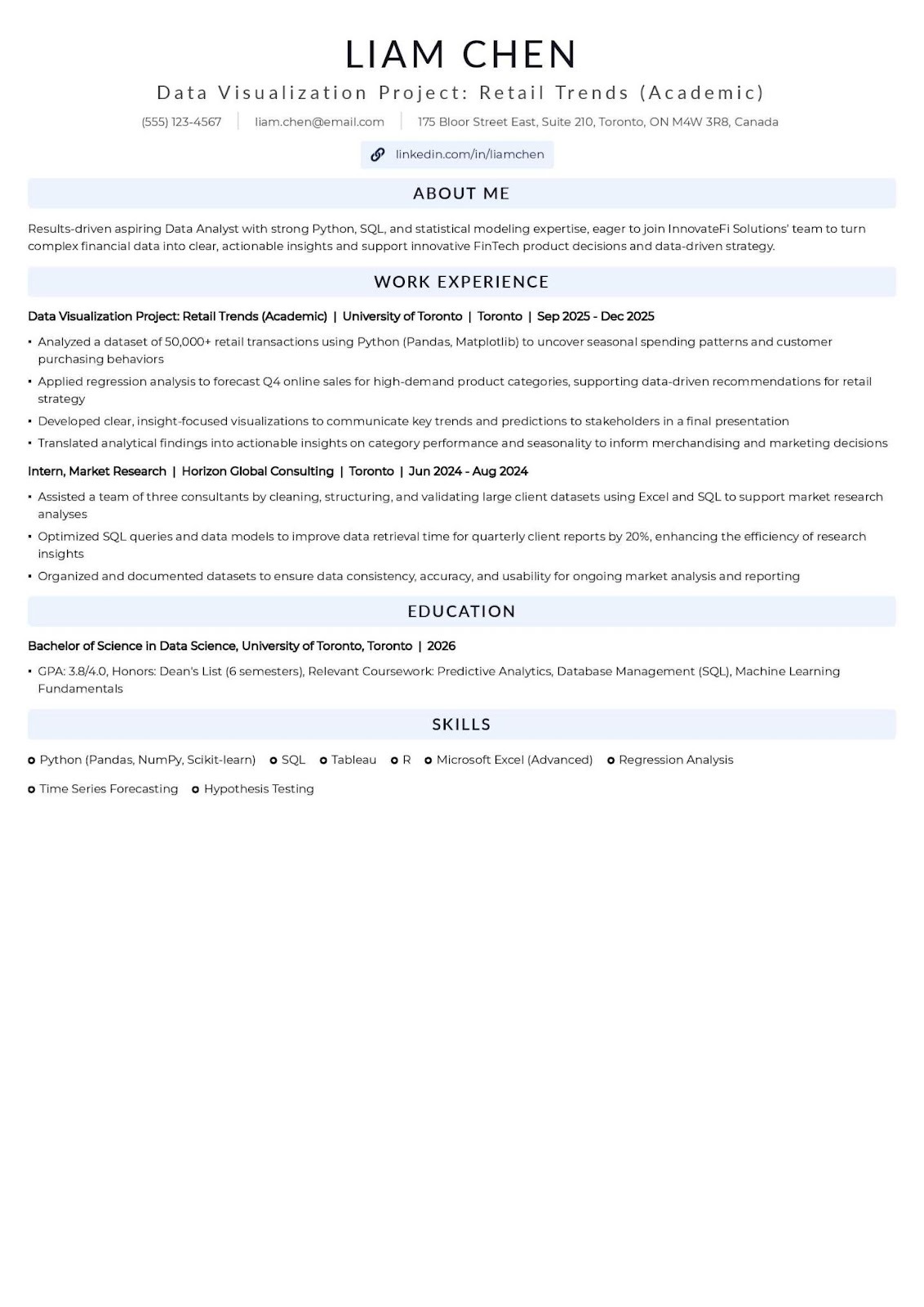 One-page resume for entry-level or recent graduate