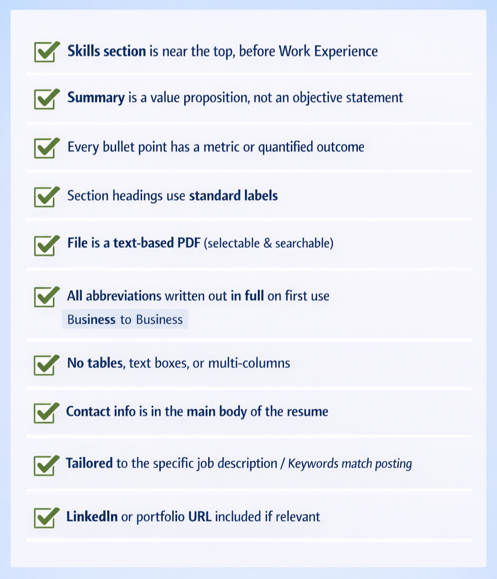 Checklist of ATS resume template making rules