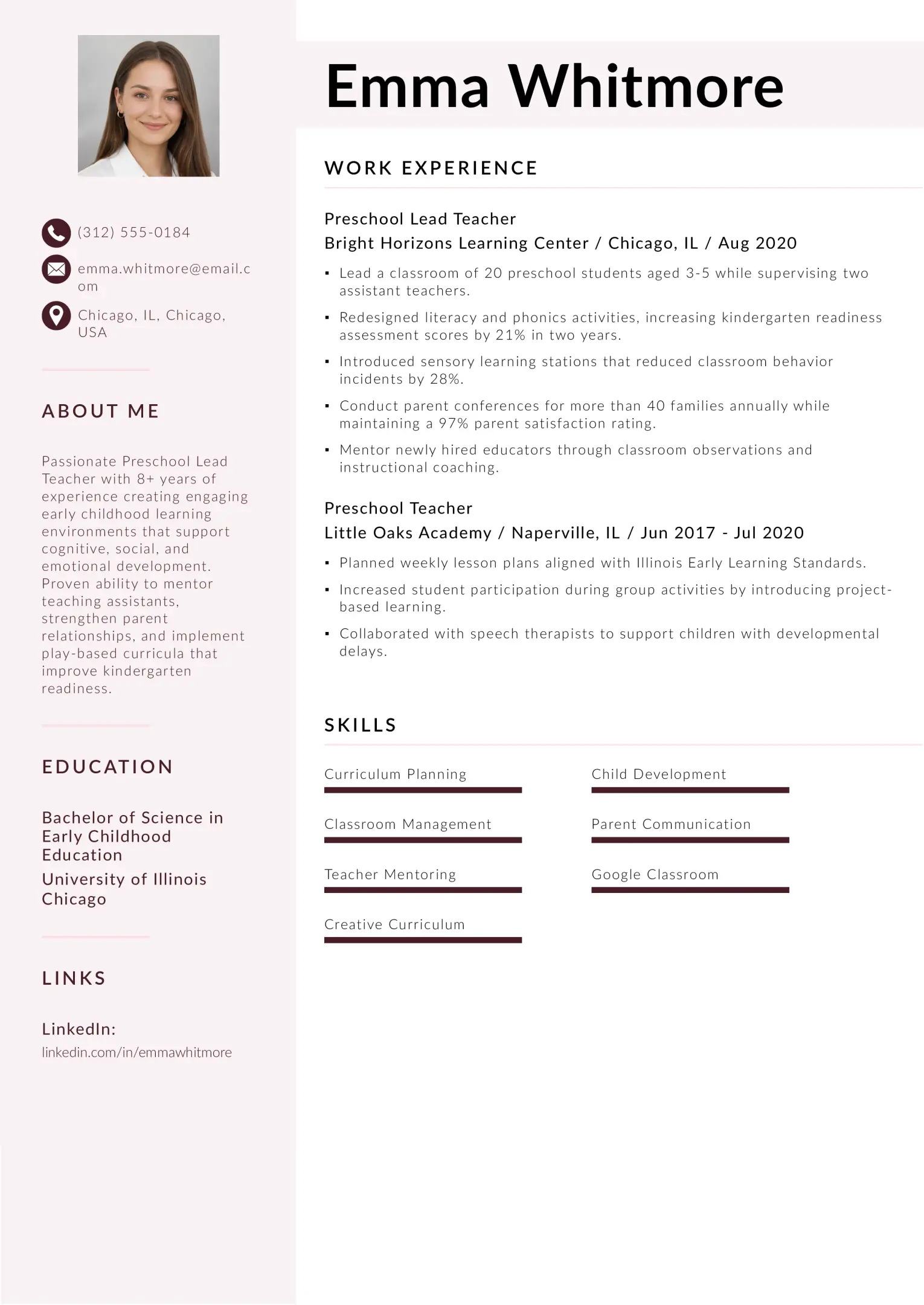 Preschool Lead Teacher Resume Example