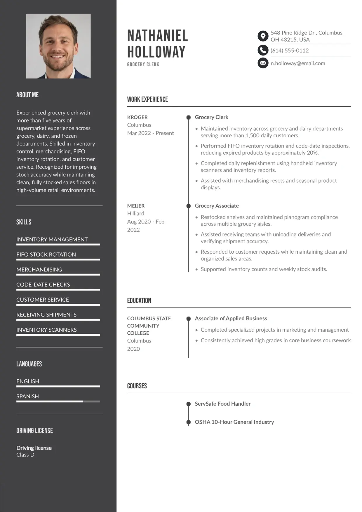 Experienced Grocery Clerk Resume Example