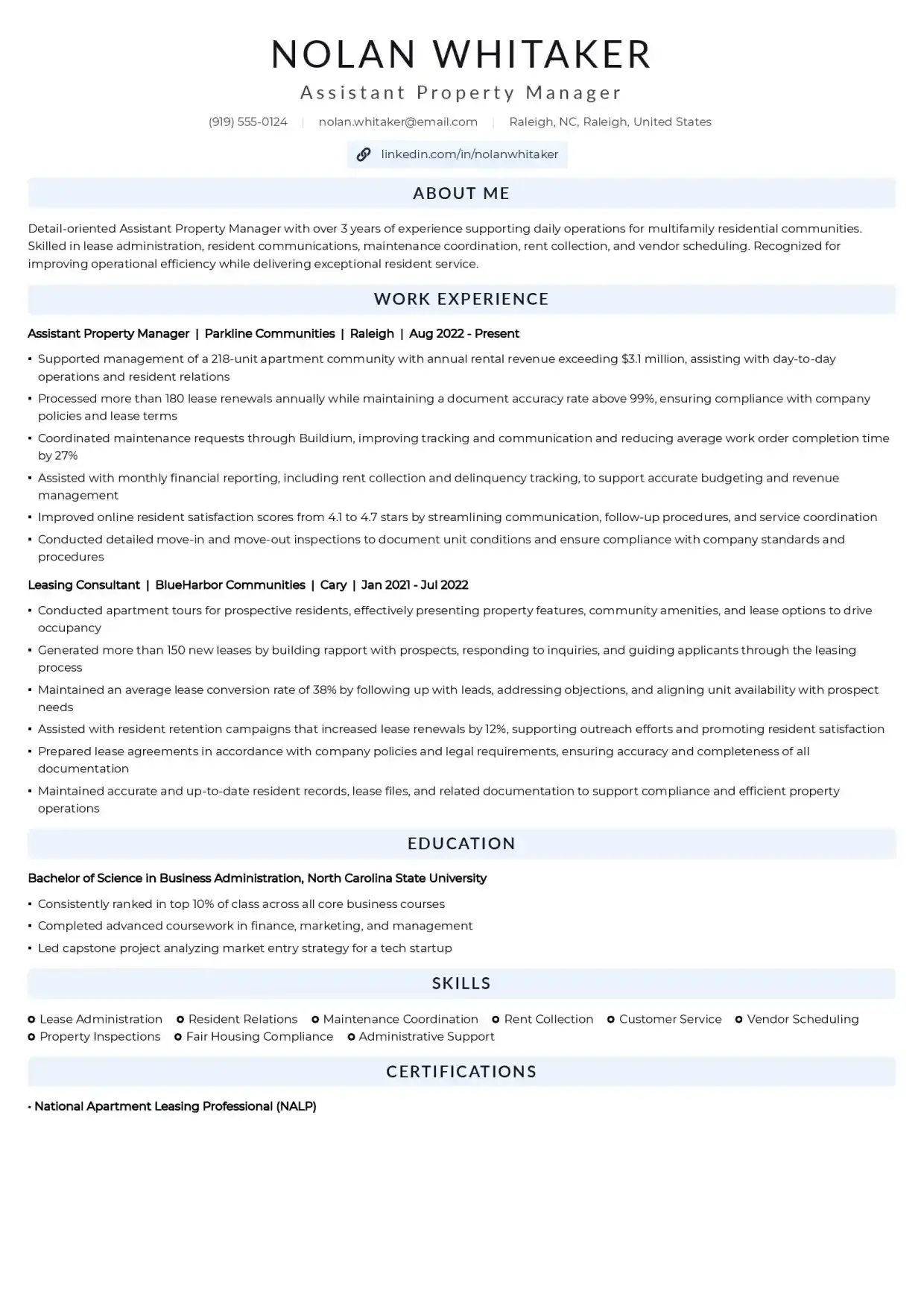 Assistant Property Manager Resume Example
