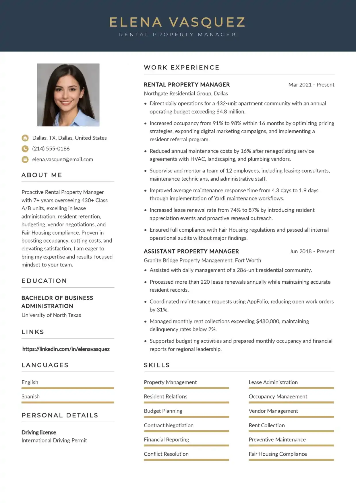 Rental Property Manager Resume Example