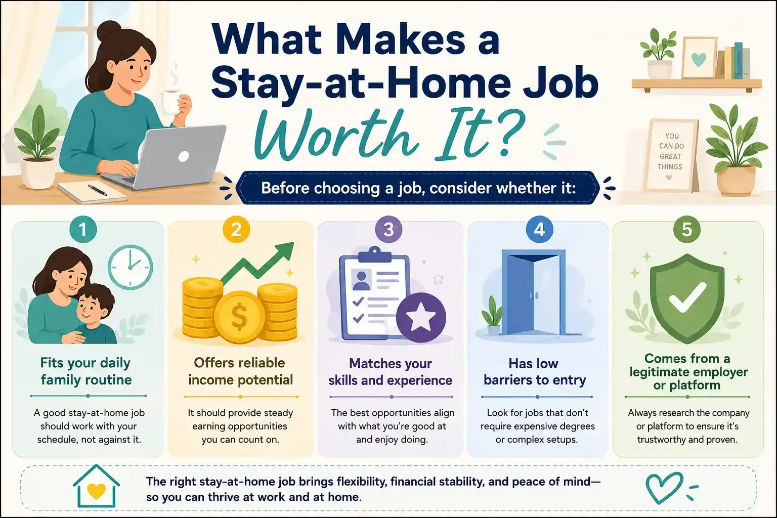 Infographic showing five key criteria for choosing worthwhile stay-at-home jobs