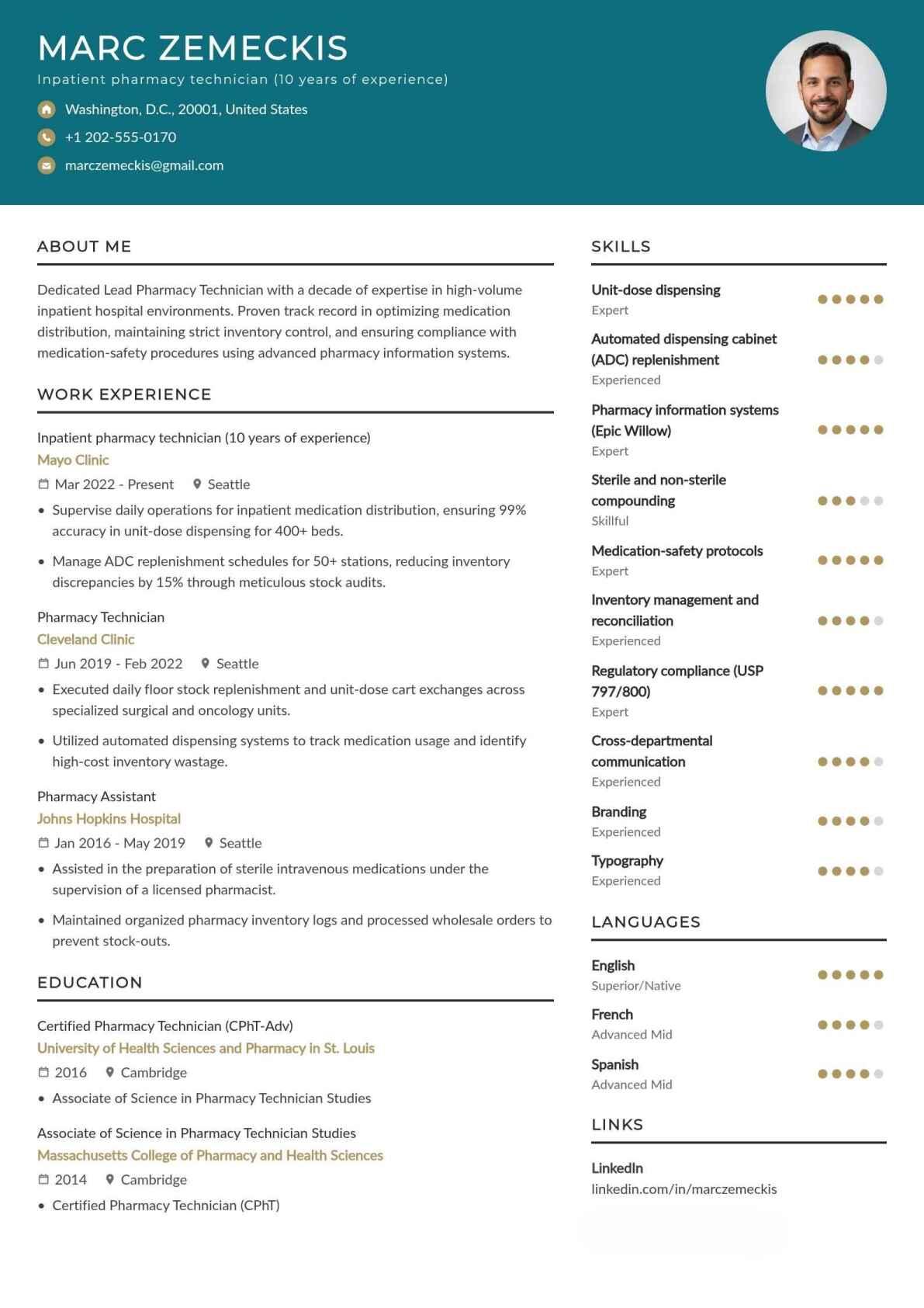 Experienced Inpatient Pharmacy Technician Resume Example