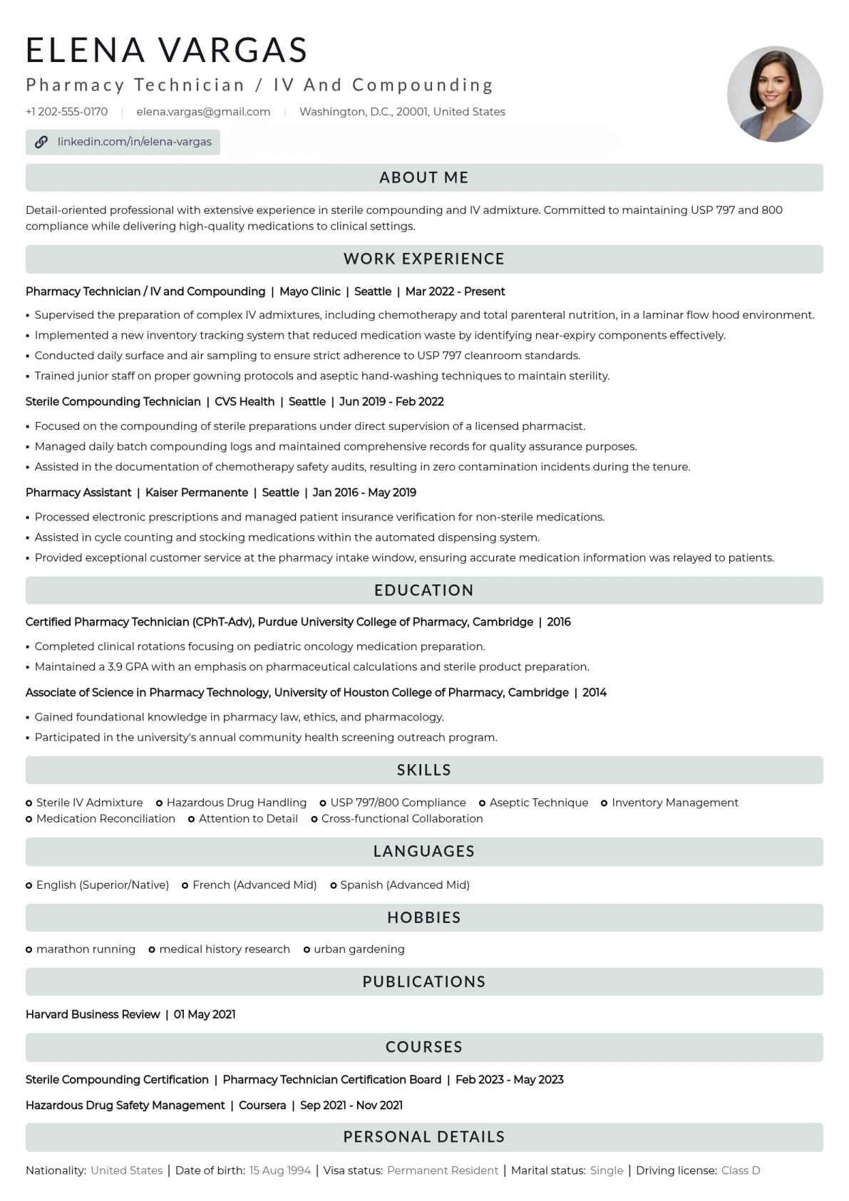 IV and Compounding Pharmacy Technician Resume Example