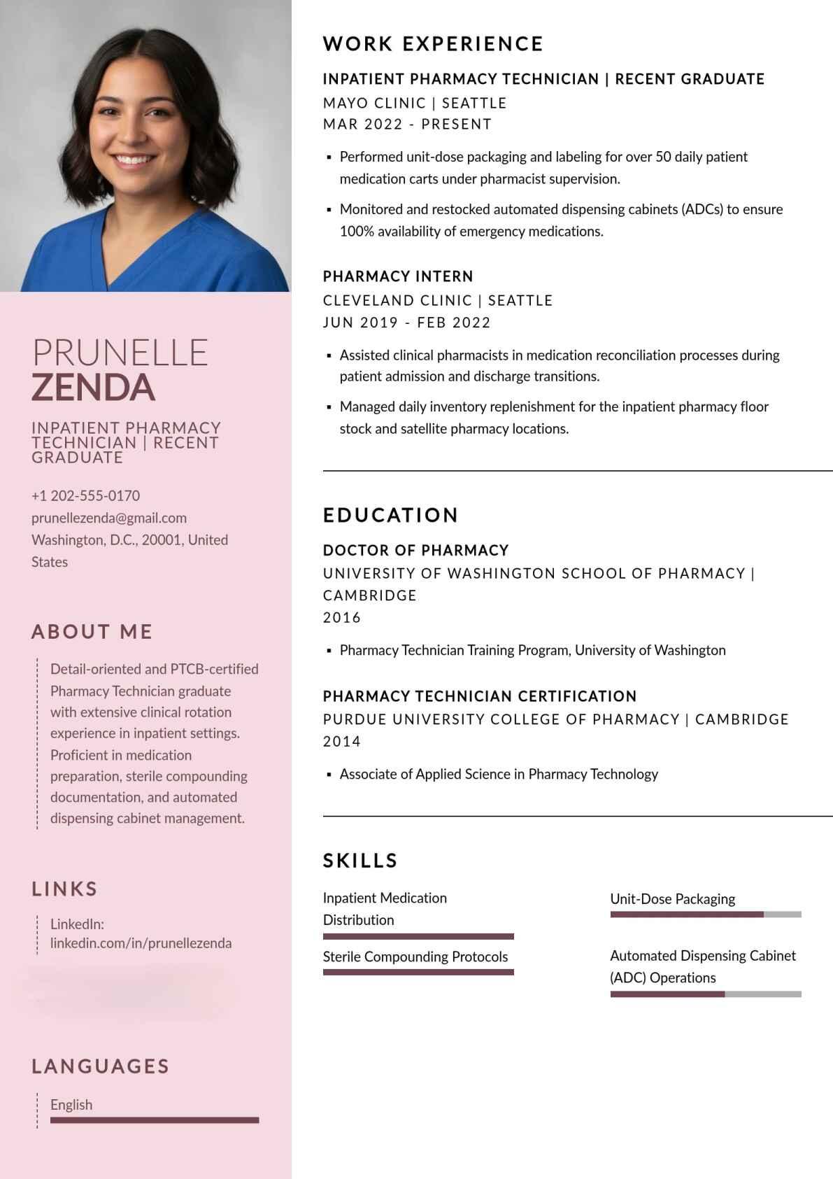 Entry-Level Inpatient Pharmacy Technician Resume Example