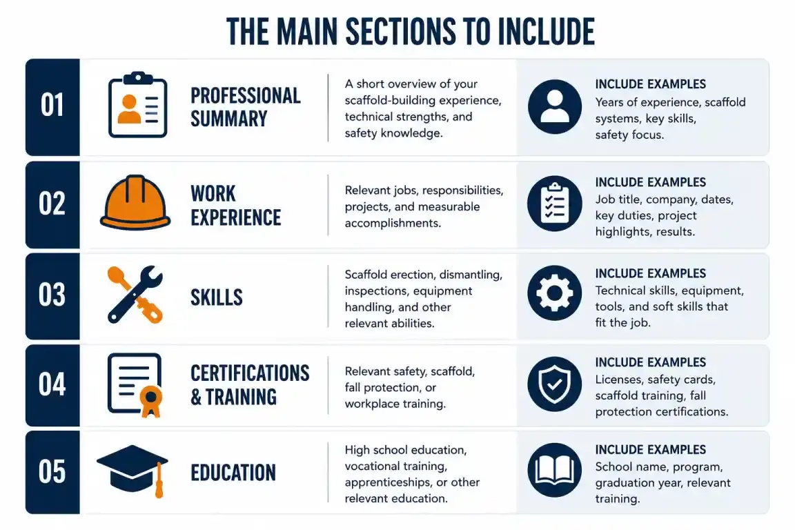 Illustration of scaffold builder resume sections with key details and examples.