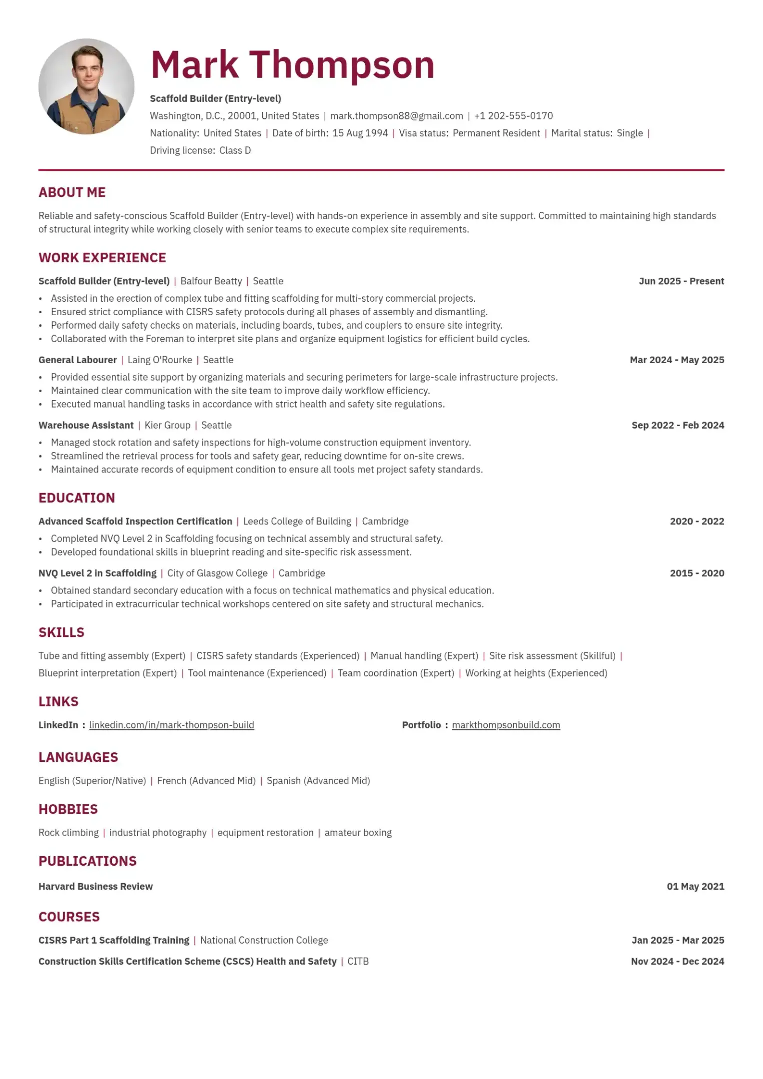 Entry-Level Scaffold Builder Resume Example