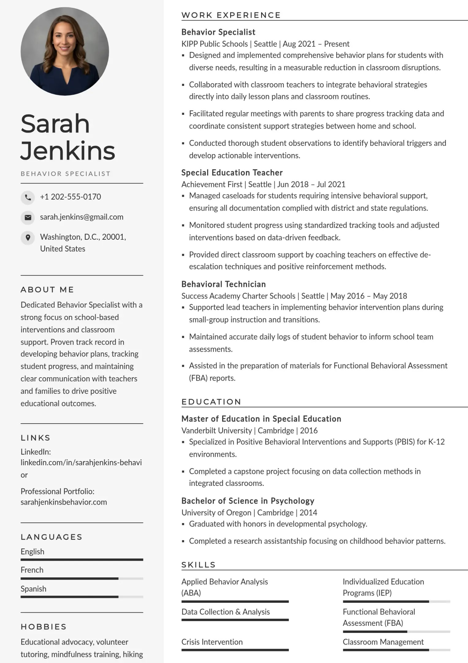 School-Based Behavior Specialist Resume Example